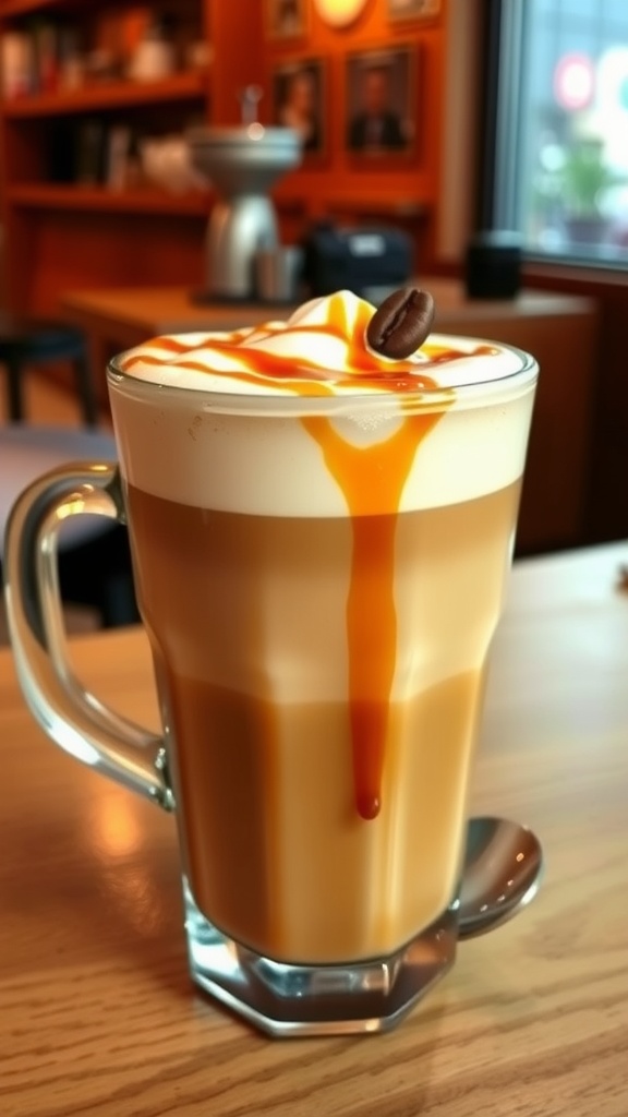 A clear glass of caramel macchiato with espresso, steamed milk, and caramel drizzle.